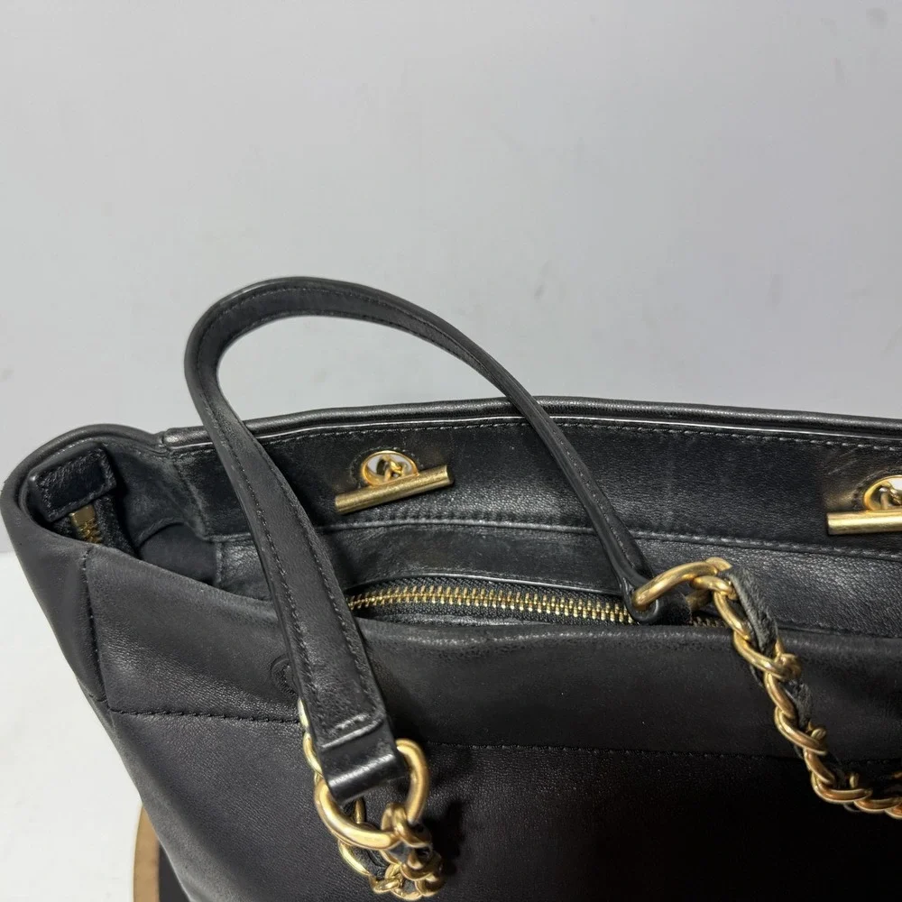 Tory Burch Tote Bag Womens Large Black Leather Chain Strap Purse Quilted Logo